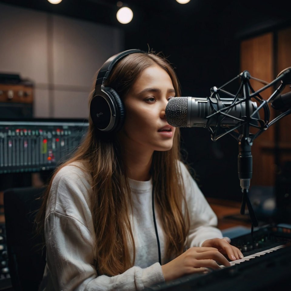 A young woman wearing headphones, standing in a recording studio, singing into a microphone with soundproof panels in the background.