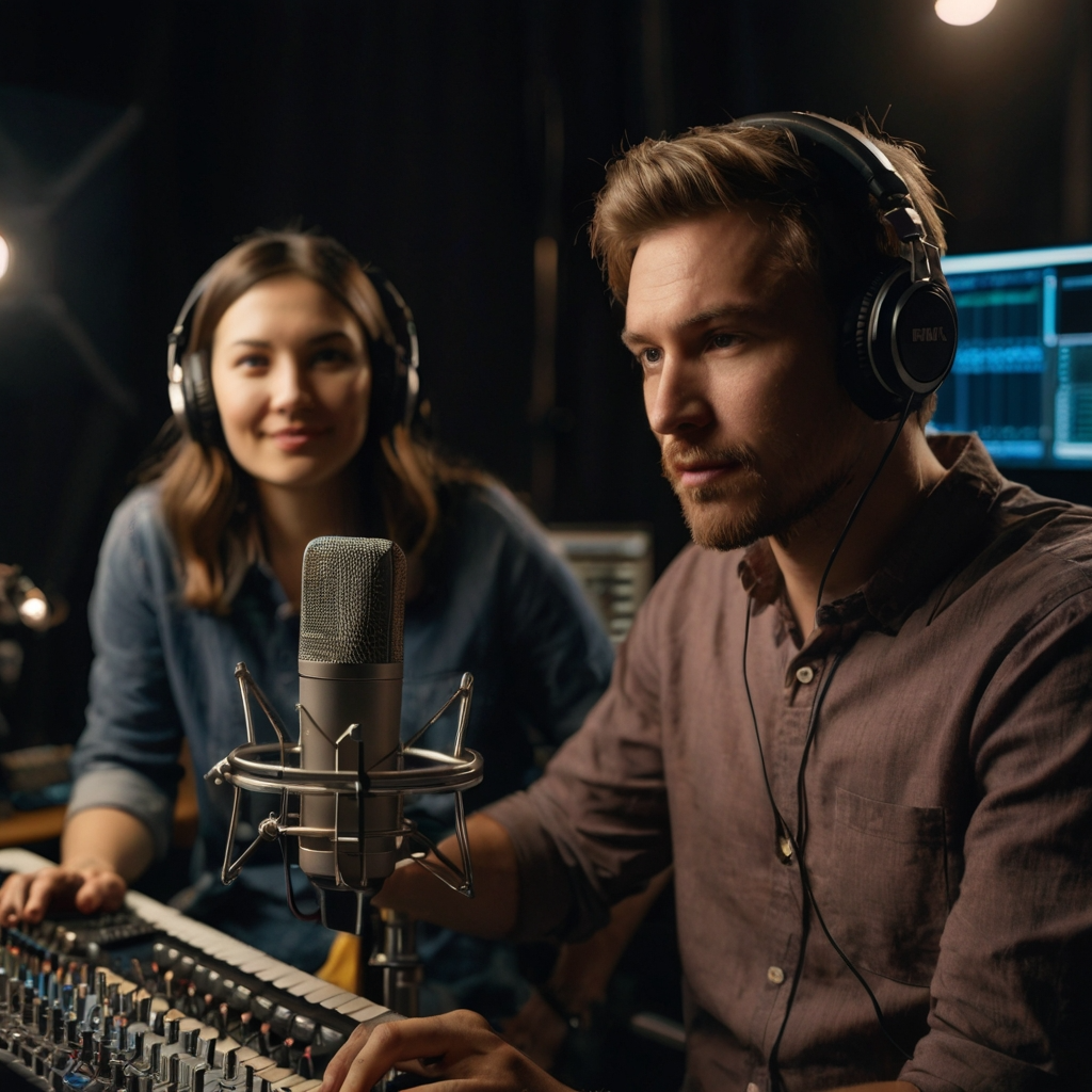 Two people are working on podcast production in a studio. One person is seated at a mixing desk, adjusting audio levels on a control panel, while the other is speaking into a microphone. Both are surrounded by professional recording equipment, including headphones and soundproofing materials, with computer monitors displaying audio editing software.