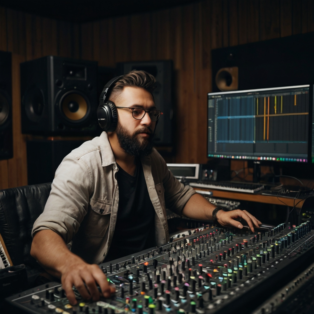 An audio engineer is mixing and mastering a track in a studio. The engineer is seated at a large mixing console surrounded by various audio equipment, including computer monitors displaying digital audio workstations. The engineer is adjusting faders and knobs, with headphones on to fine-tune the sound for optimal quality.