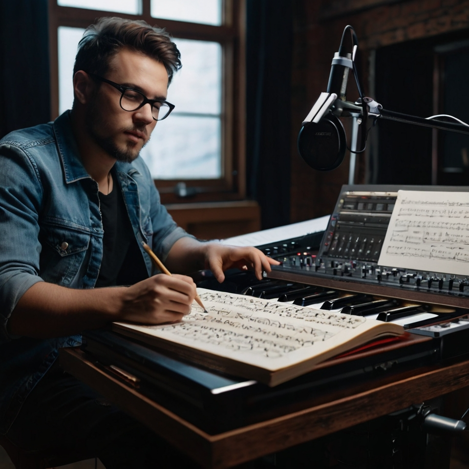 A man sitting at a desk, focused on writing lyrics in a notebook while surrounded by musical instruments and recording equipment, creating a song.