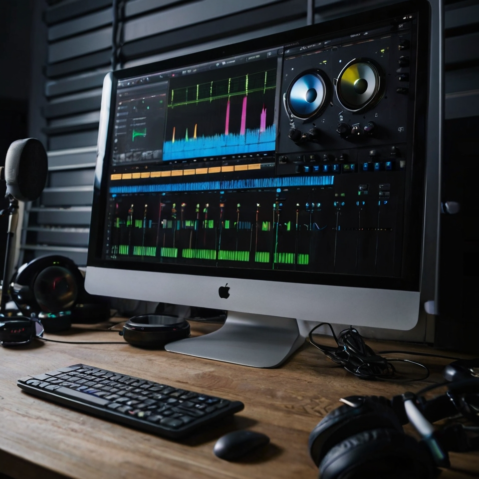 A person working on a desktop computer in a studio, using audio editing software with multiple tracks displayed on the screen and professional equipment nearby.