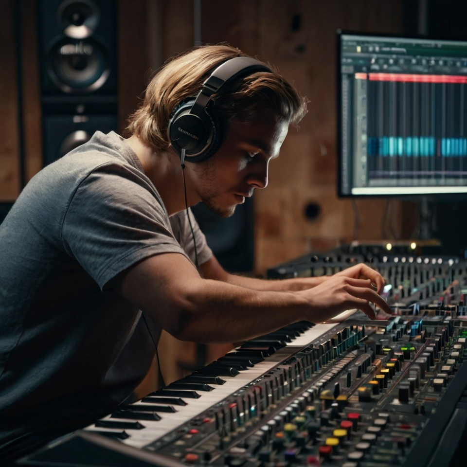 A person in a studio working on music production, adjusting controls on a mixing console and using software on a computer with audio equipment surrounding them.