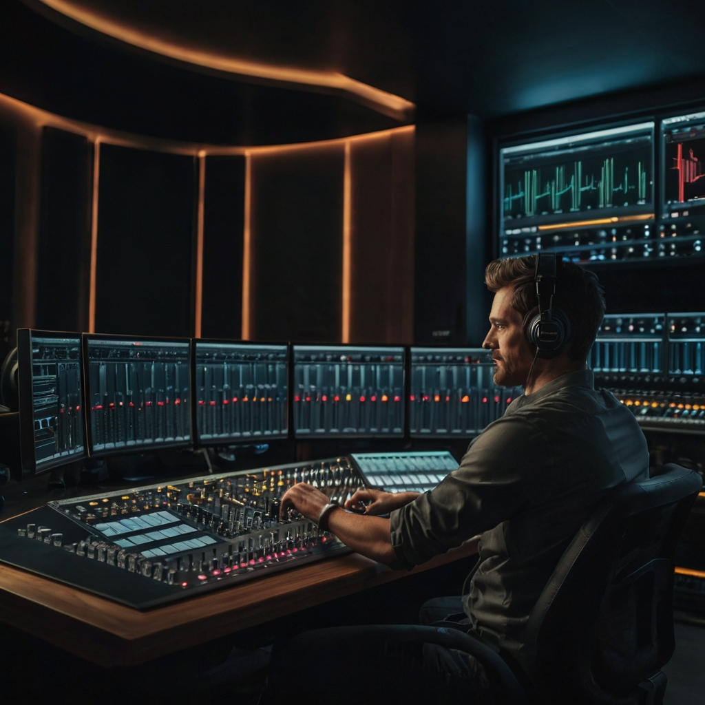 An audio engineer mixes a track in a studio equipped with Dolby Atmos technology. The workspace features a high-tech mixing console, multiple speakers arranged around the room, and large computer monitors displaying sound editing software. The engineer is focused on adjusting controls and listening intently through high-quality headphones.