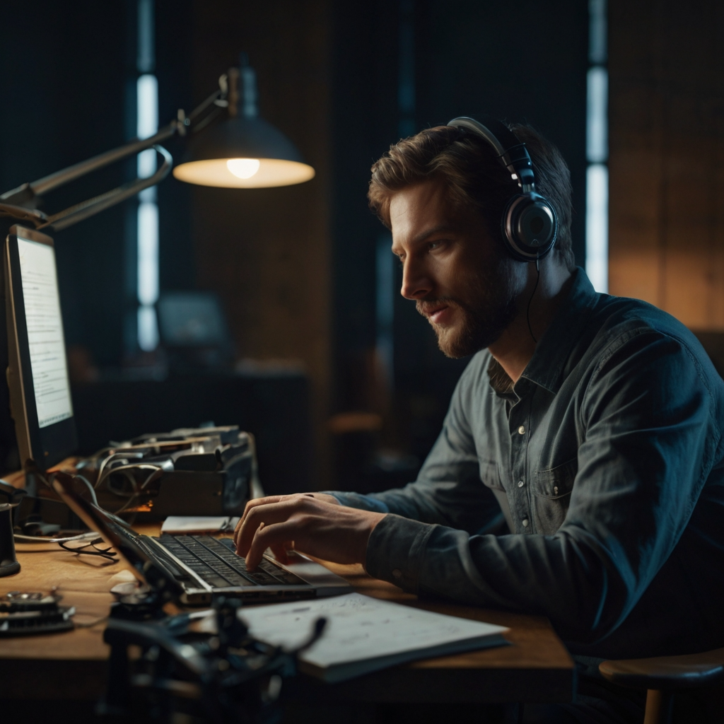 A person in a recording studio performing ADR (Automated Dialogue Replacement), speaking into a microphone while watching a video playback on a screen.