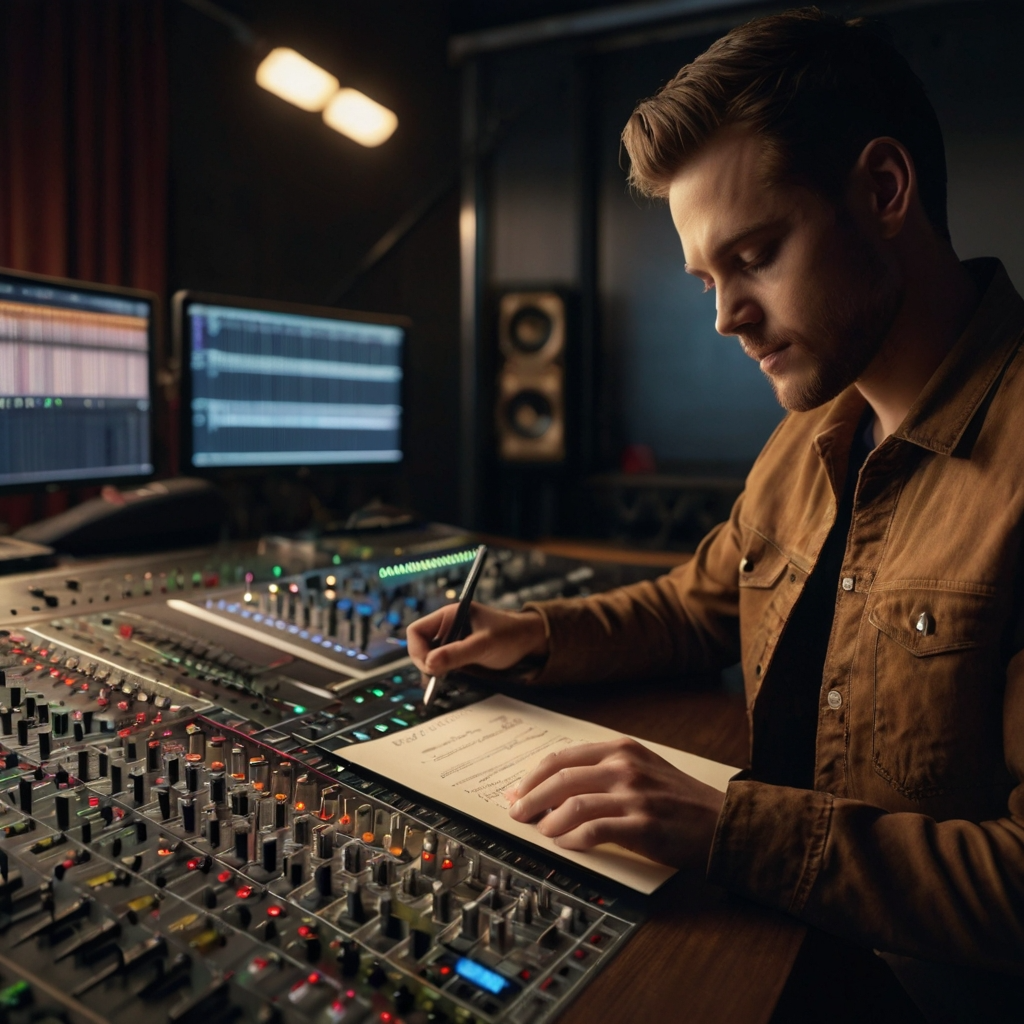 "A music producer is signing a music license contract in a studio. The producer is seated at a desk with paperwork and a pen, surrounded by professional audio equipment and computer monitors. The contract is prominently displayed on the desk, and the producer is focused on completing the signing process, with headphones and recording gear visible in the background.