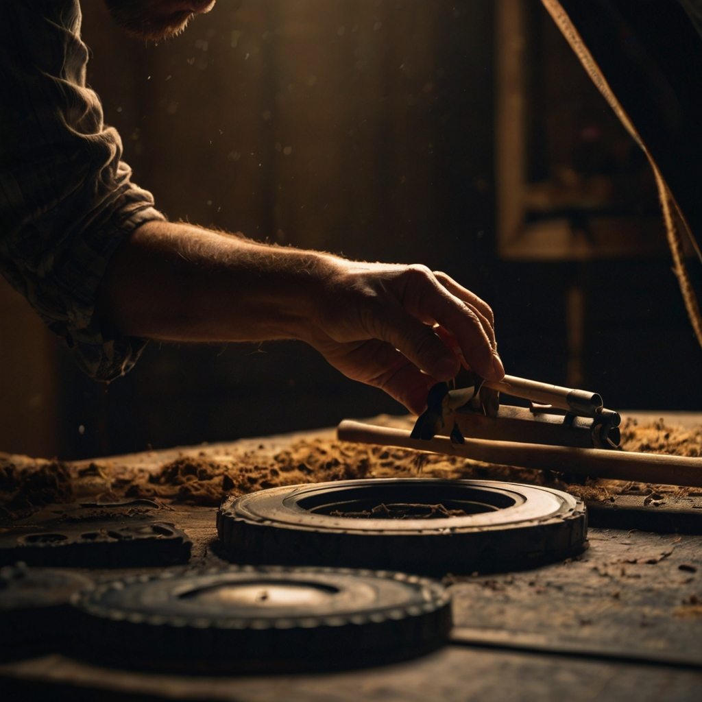 A person performing foley artistry in a studio, using various objects and props to create sound effects while recording equipment captures the audio.