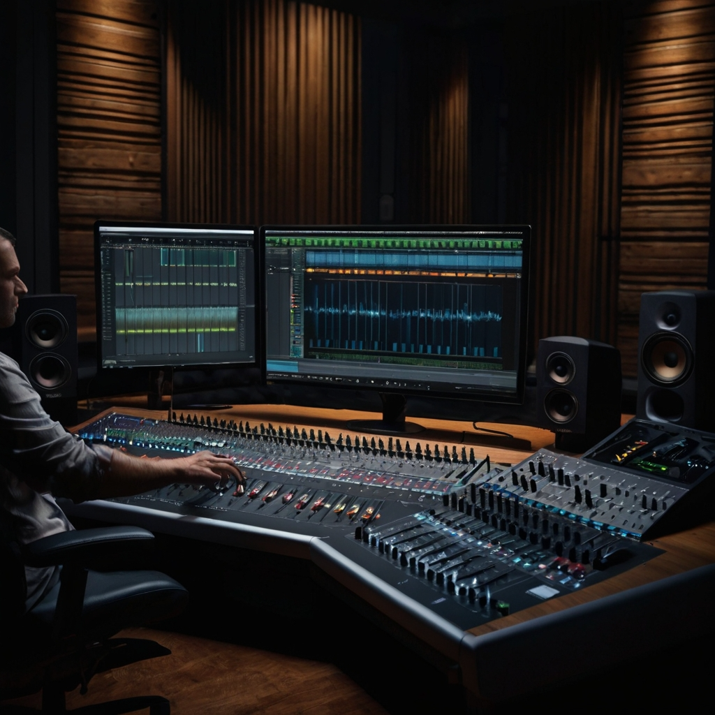 An audio engineer is working on surround sound mixing in a studio. The room is equipped with an array of speakers positioned around the space, and the engineer is seated at a mixing console with a computer monitor displaying audio software. The engineer is adjusting knobs and faders on the console, wearing headphones to monitor the sound.